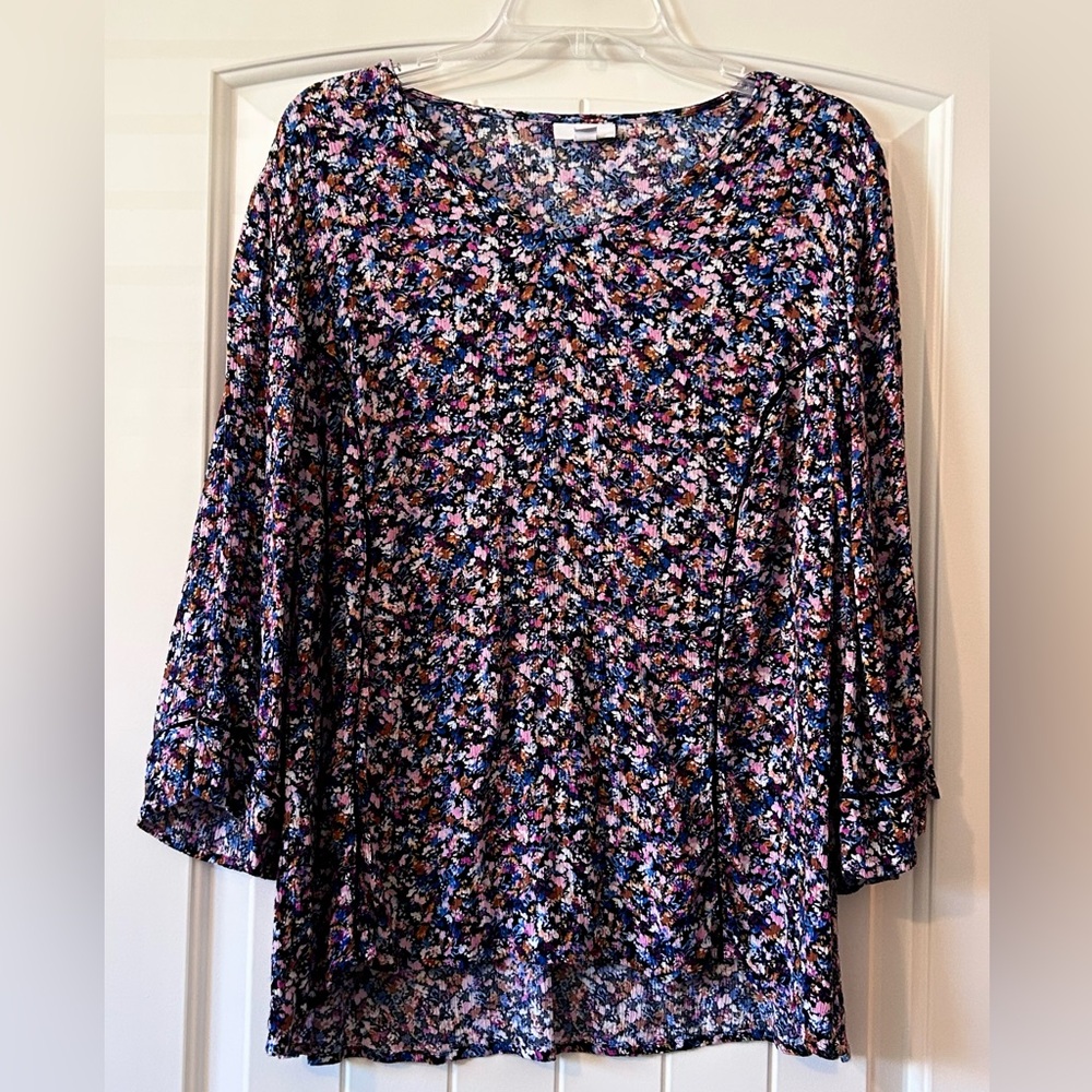 J. Jill Black Floral V-Neck Tunic with Pink and Blue Blossoms
